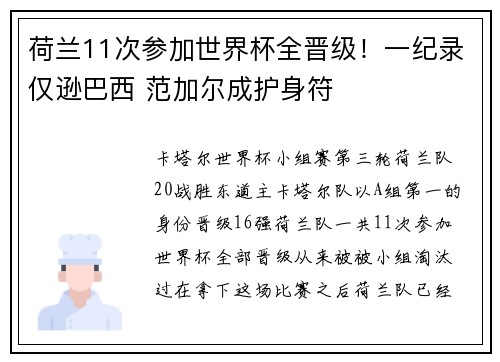 荷兰11次参加世界杯全晋级！一纪录仅逊巴西 范加尔成护身符